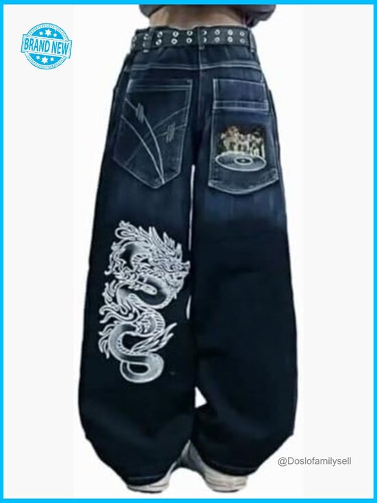 Denim - Y2K Baggy Jeans Vintage High Waist Wide Leg Gothic Print Street Style